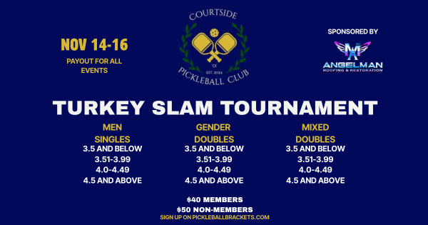Courtside Pickleball Club Turkey Slam Tournament Sponsored by Angelman Roofing & Restoration logo