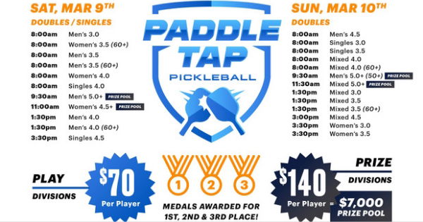 Mar 9th - 10th Paddle Tap Pickleball 300+ players signed up Paddletappickleball.com Last Call! logo